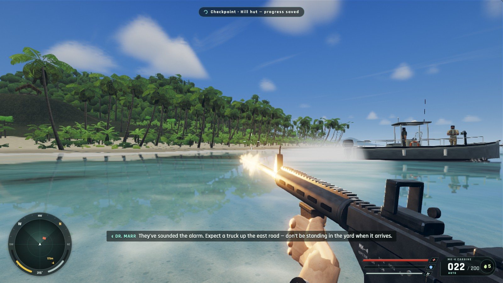 Firing the MK-4 carbine at a patrol boat with two mercenaries aboard, just off the beach