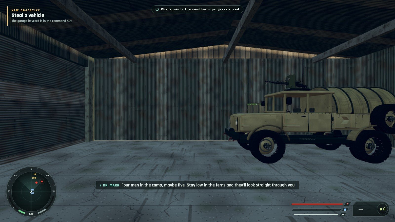 A military truck parked in the outpost garage