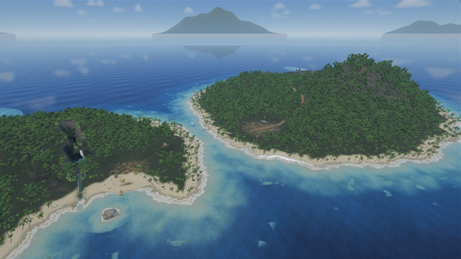 Actual gameplay: the two jungle islands of Tawa and Mokara from the air, ringed by sandbars and turquoise shallows