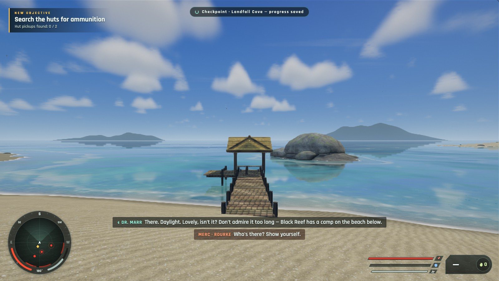 A wooden jetty running out to a thatched boathouse, with a rock islet beyond