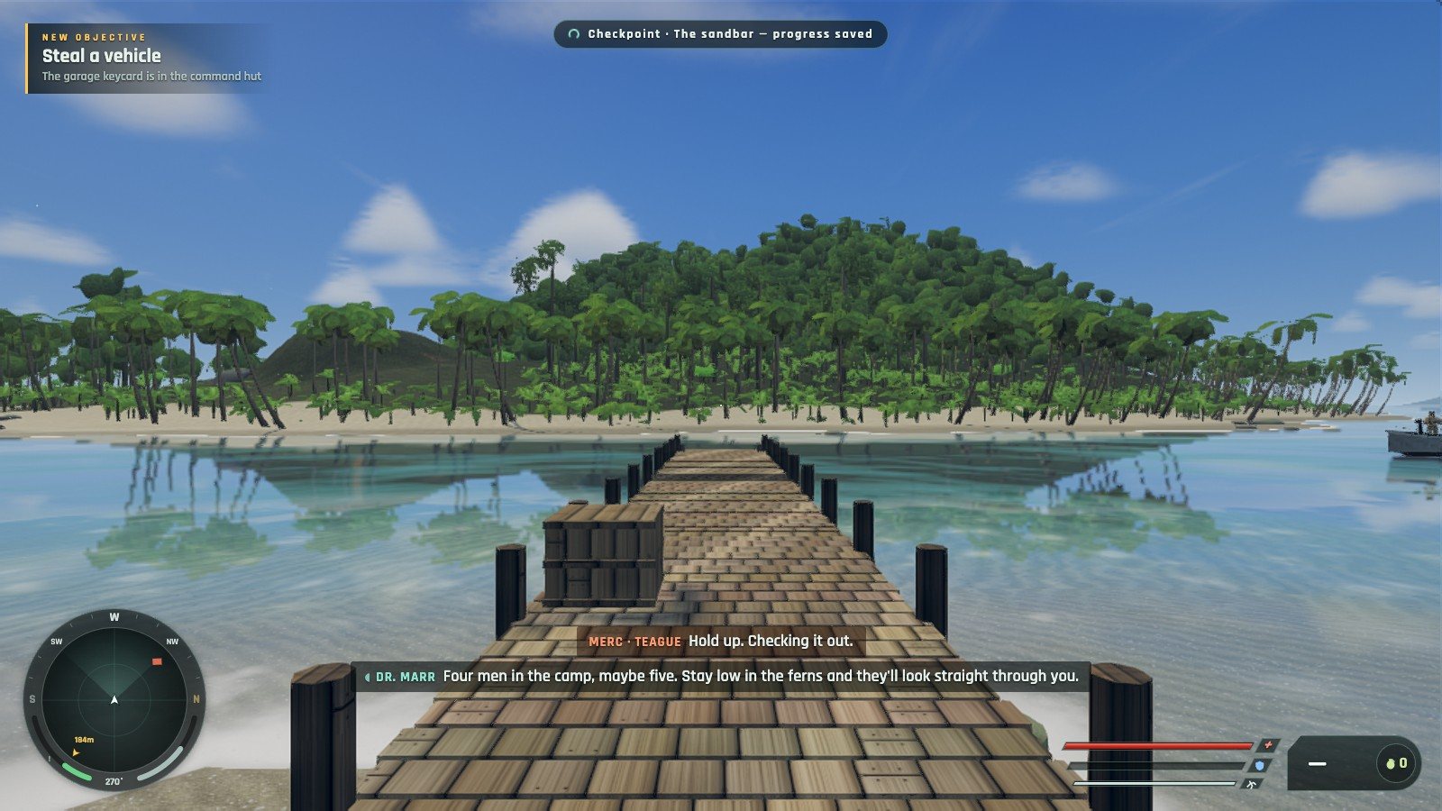 A long wooden dock leading to the island outpost