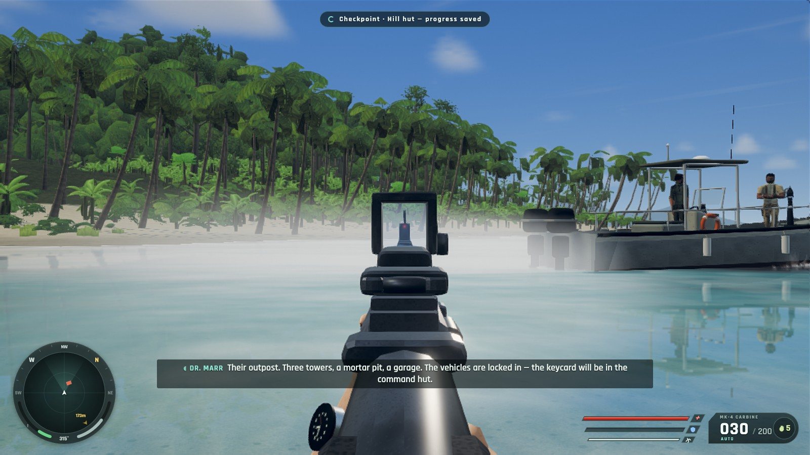 Aiming down the carbine sight at a patrol boat near the dock