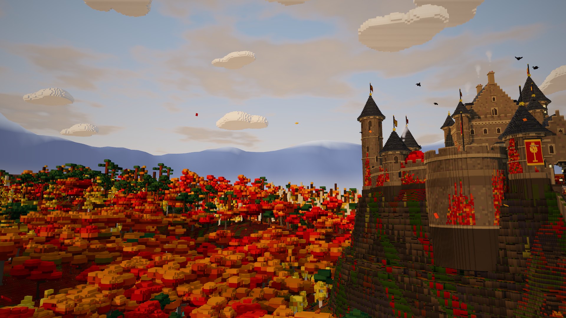 Castle Rowan on its crag above a sea of red and gold autumn trees, with its banners out