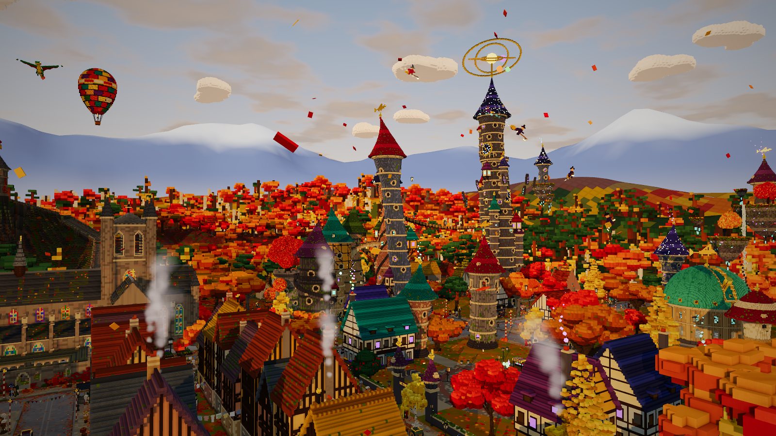 The Wizards’ Quarter from the air: tall striped towers, pointed roofs and a green observatory dome
