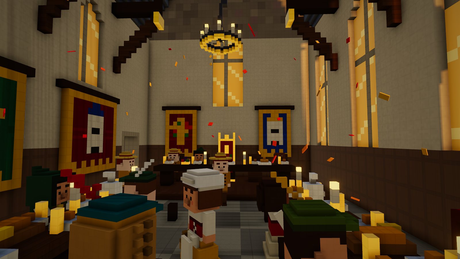 The Great Hall laid for a feast, with candles, banners and a hammerbeam roof