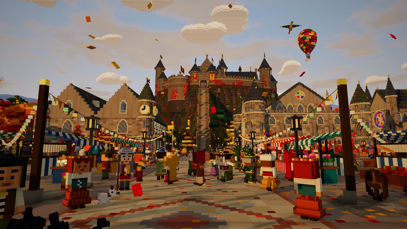 Townsfolk among the striped stalls of the fair, with the castle beyond