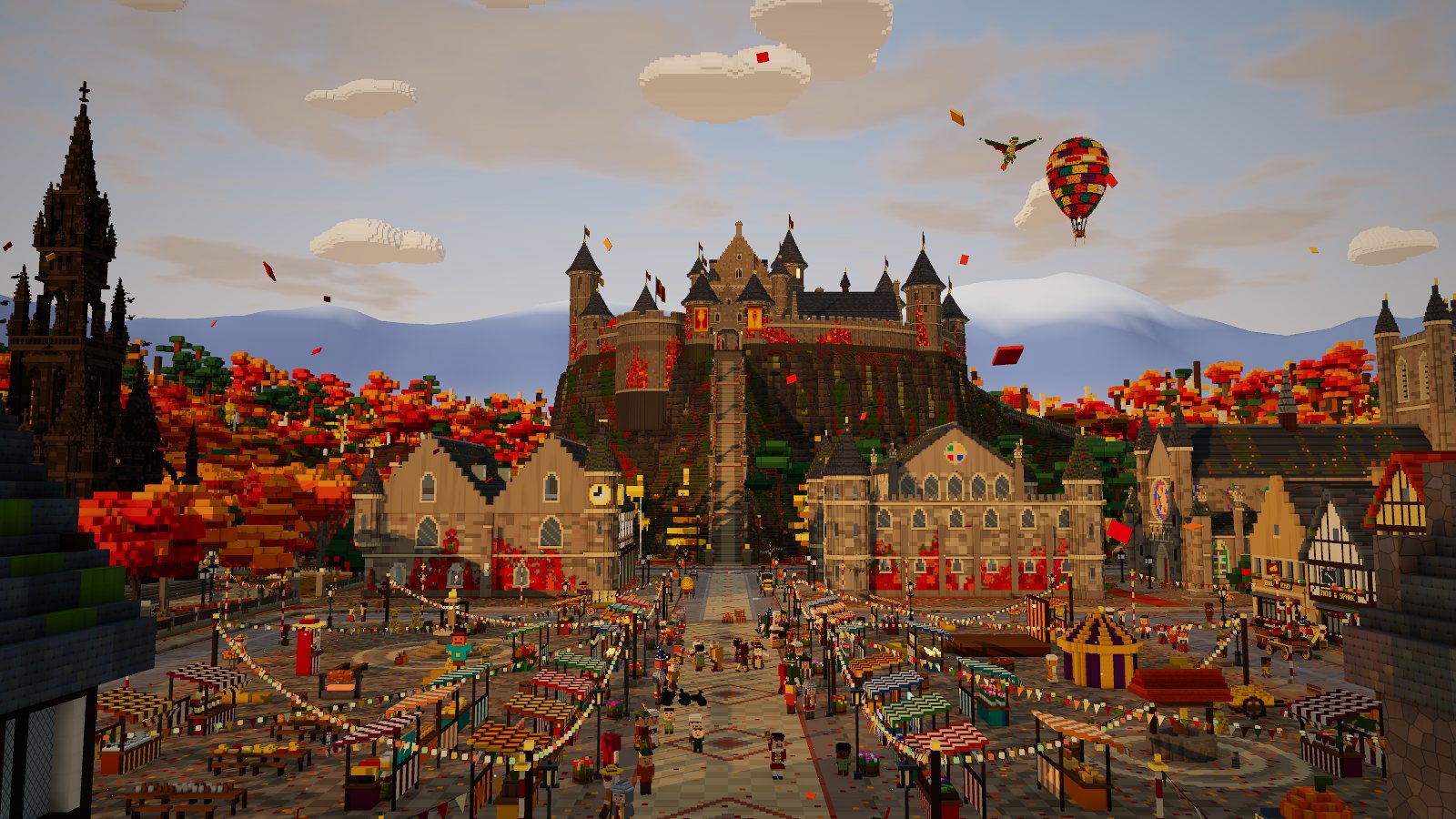 Actual gameplay: the Market Square full of fair stalls, with the Hundred Steps climbing to Castle Rowan behind