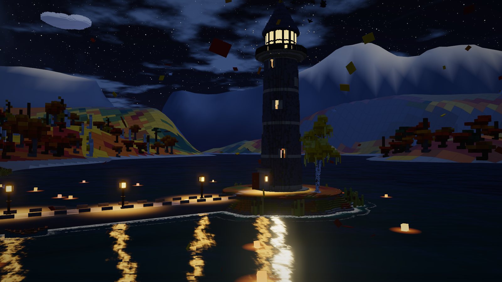 Paper lanterns floating on Loch Rowan at night, below the lighthouse