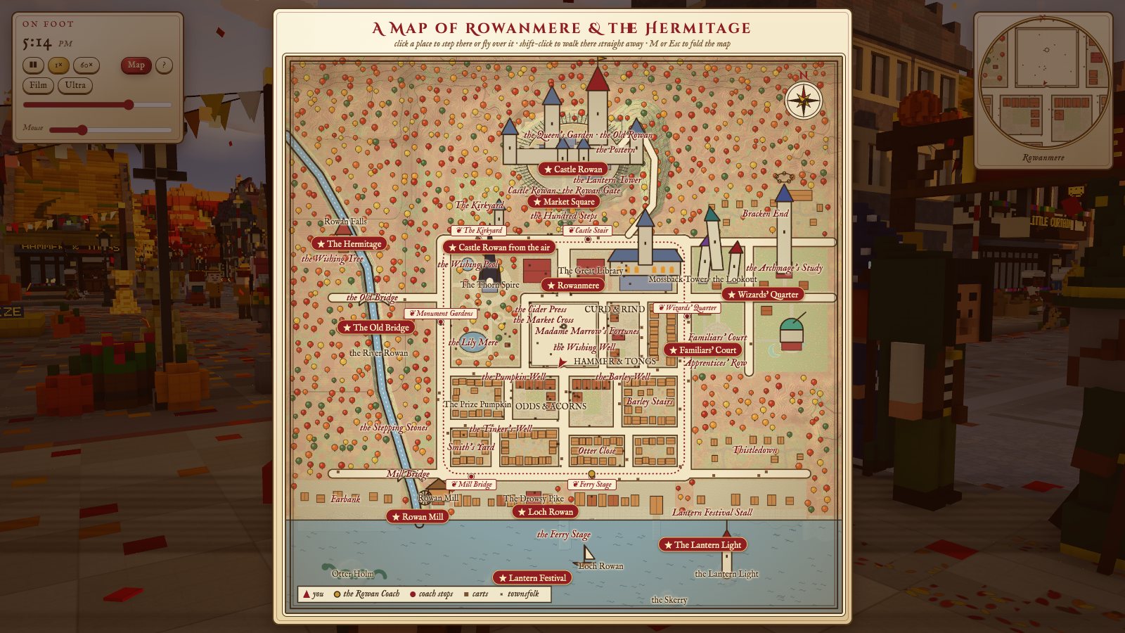 The town map open over the game, with places you can select to travel to