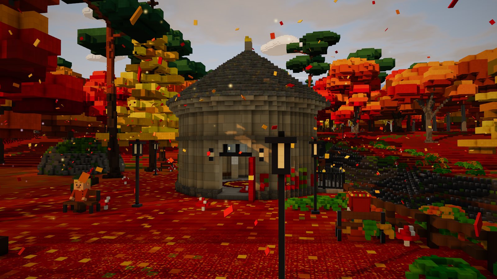 A round stone hall among red beech trees