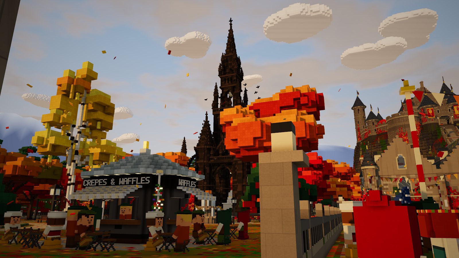 A dark gothic spire behind a crêpes and waffles kiosk in the gardens
