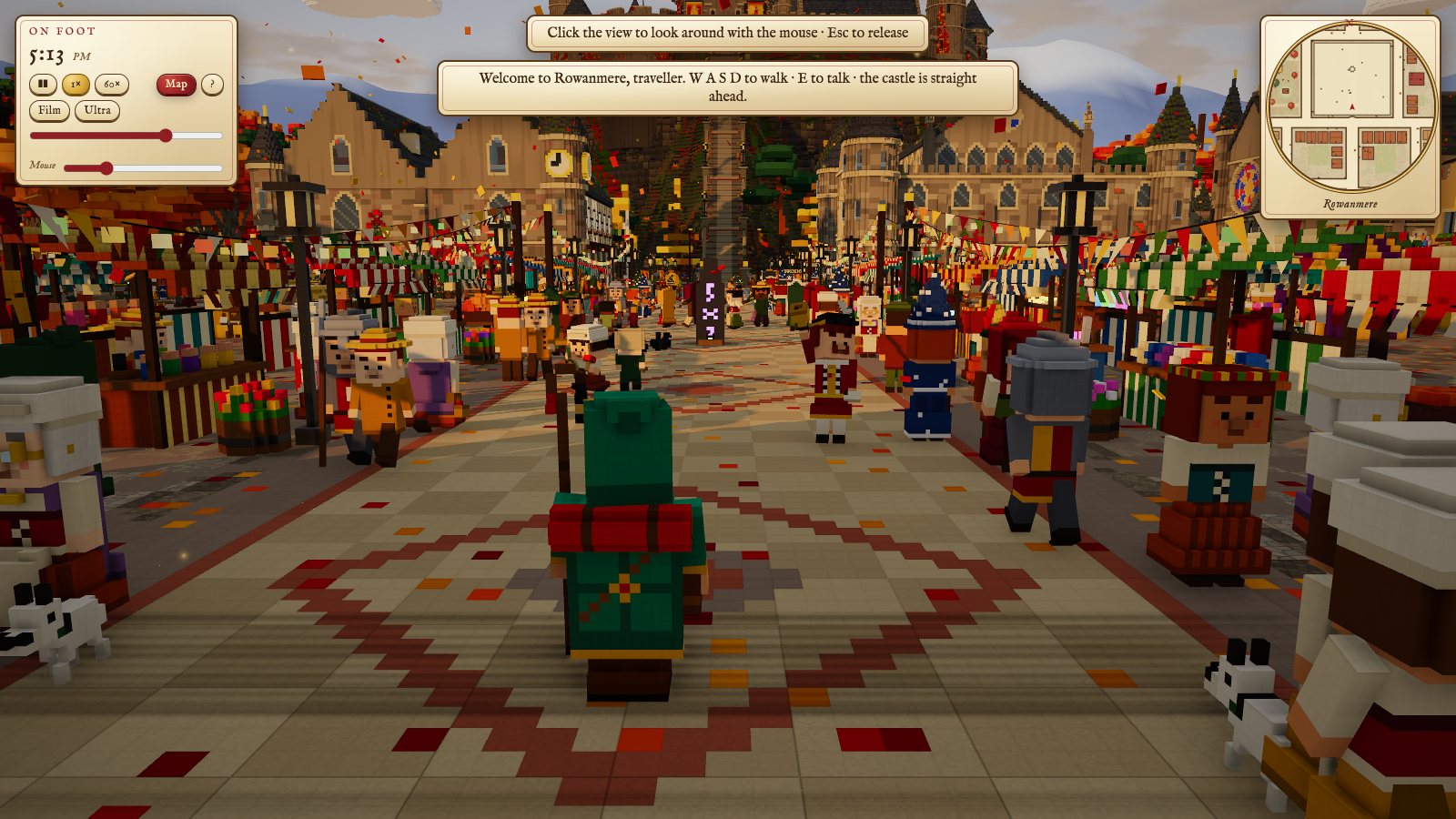 Walking through the market square in third person, with fair stalls and townsfolk all around
