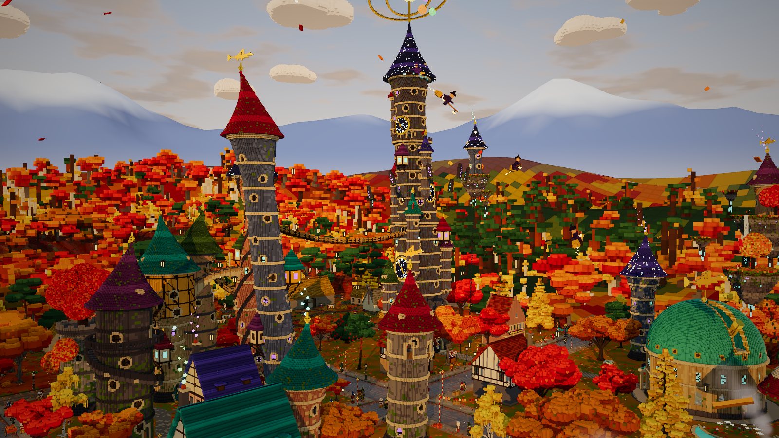 Striped wizard towers with pointed roofs above the trees
