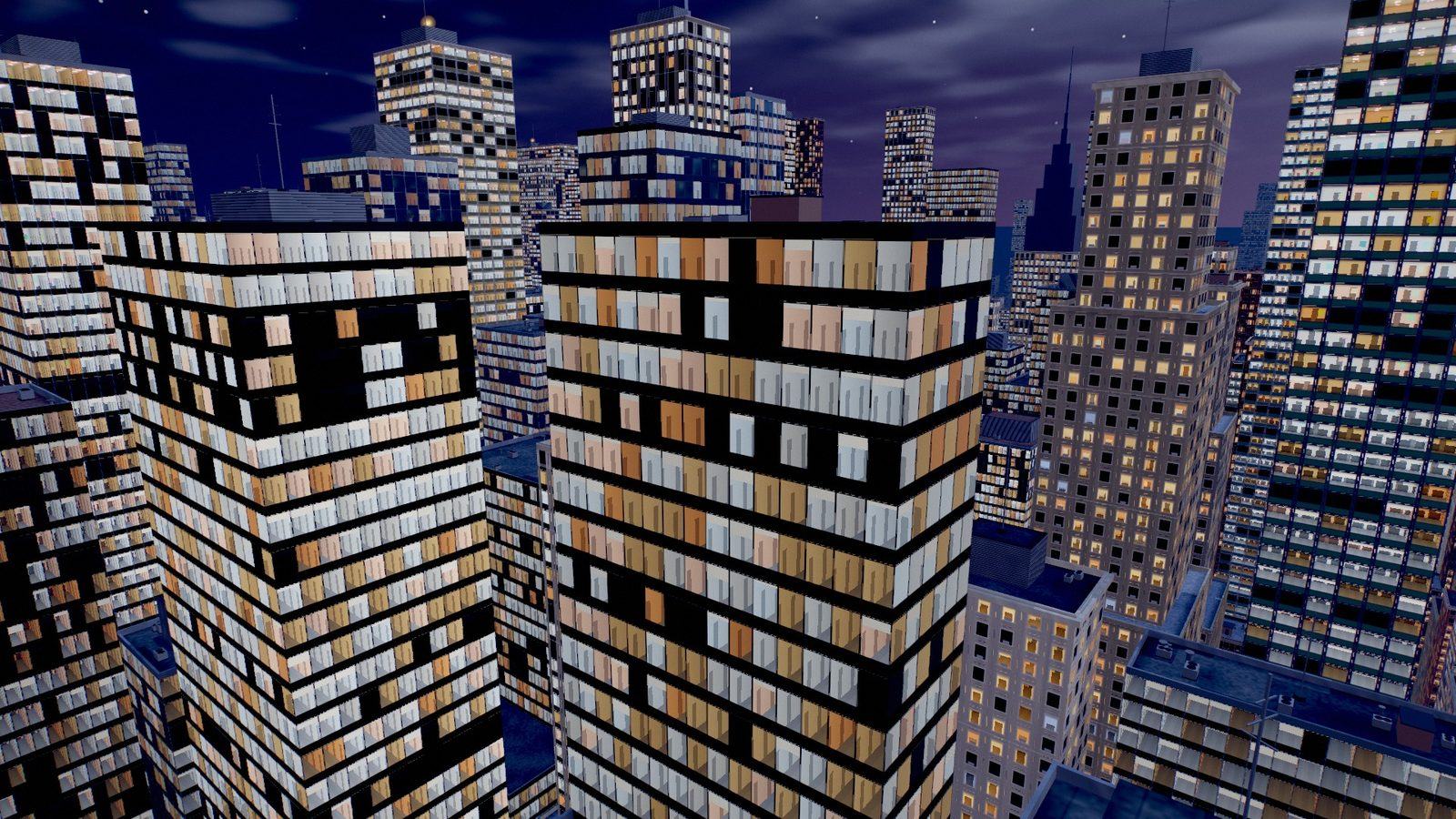 Actual gameplay: Midtown towers at night with thousands of lit windows