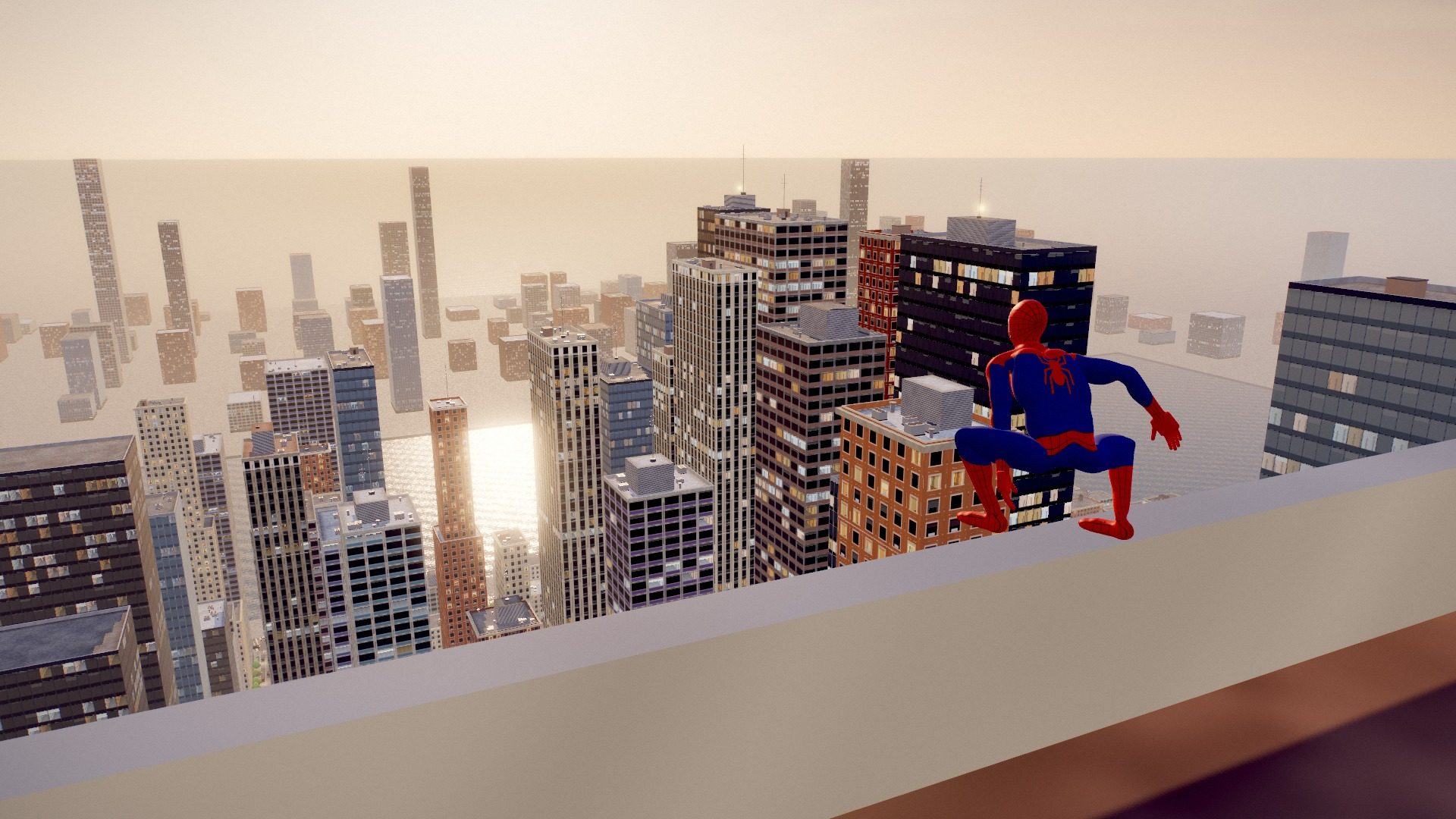 Spider-Man crouched on a rooftop ledge at golden hour, looking out over the city and the river