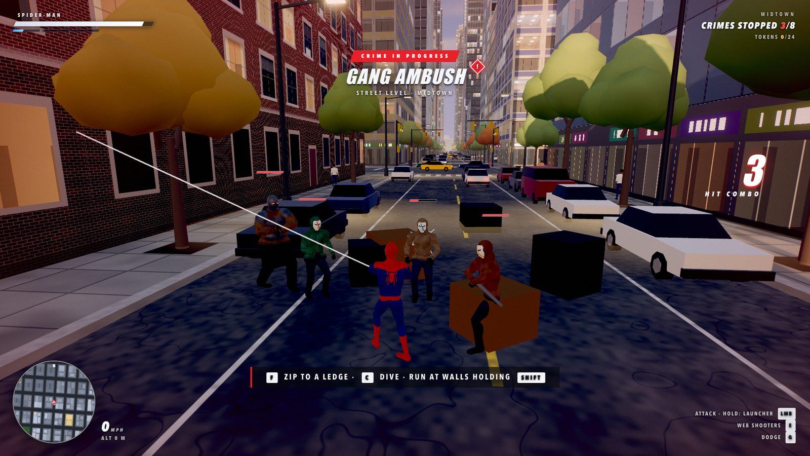 Actual gameplay: a gang ambush on a Midtown street, with the crime tracker, combo counter and minimap on screen