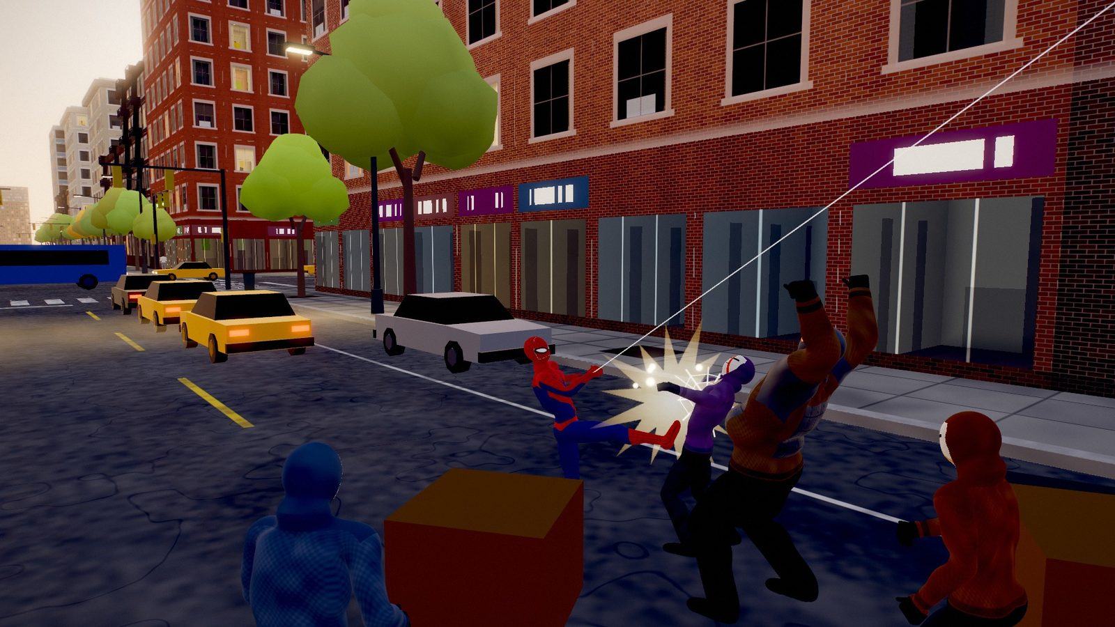Spider-Man landing a kick on a street thug, with an impact flash and more thugs closing in