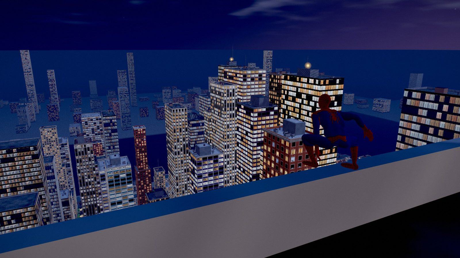 Spider-Man on the rooftop ledge at night, over a city of lit windows