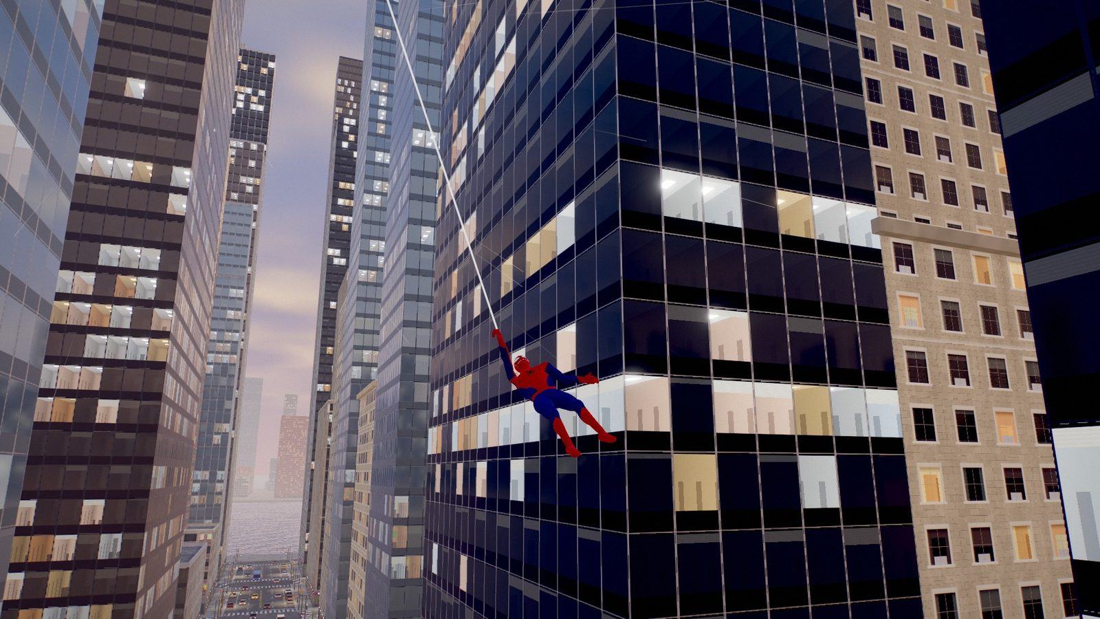 Spider-Man swinging on a web line down a canyon of skyscrapers at dusk
