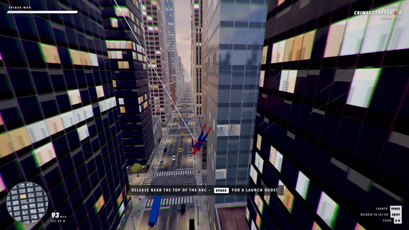 Swinging down a long avenue at 94 miles an hour, with the minimap and swing hints on screen