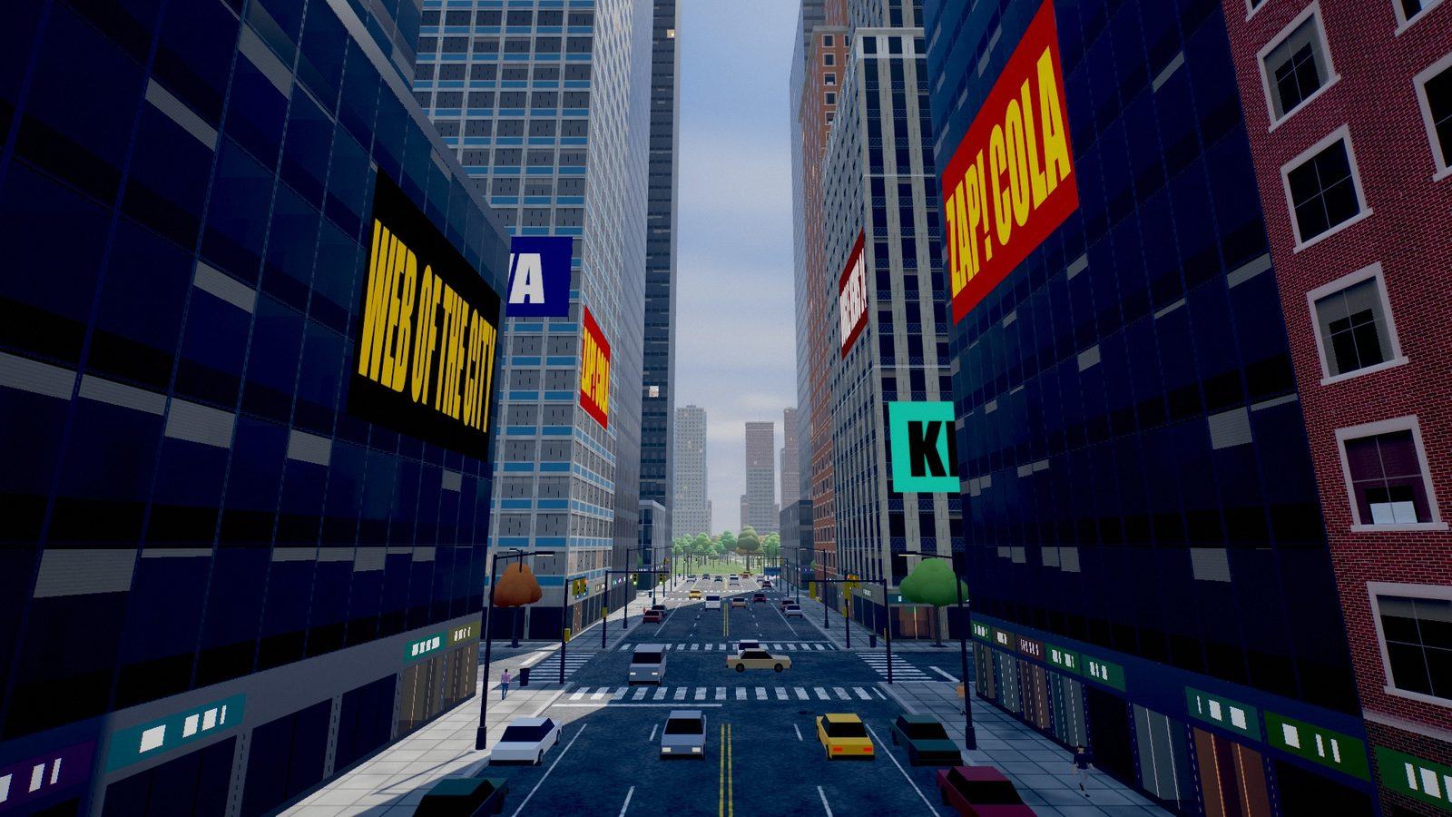 A bright avenue of billboards and yellow cabs, seen from above the street