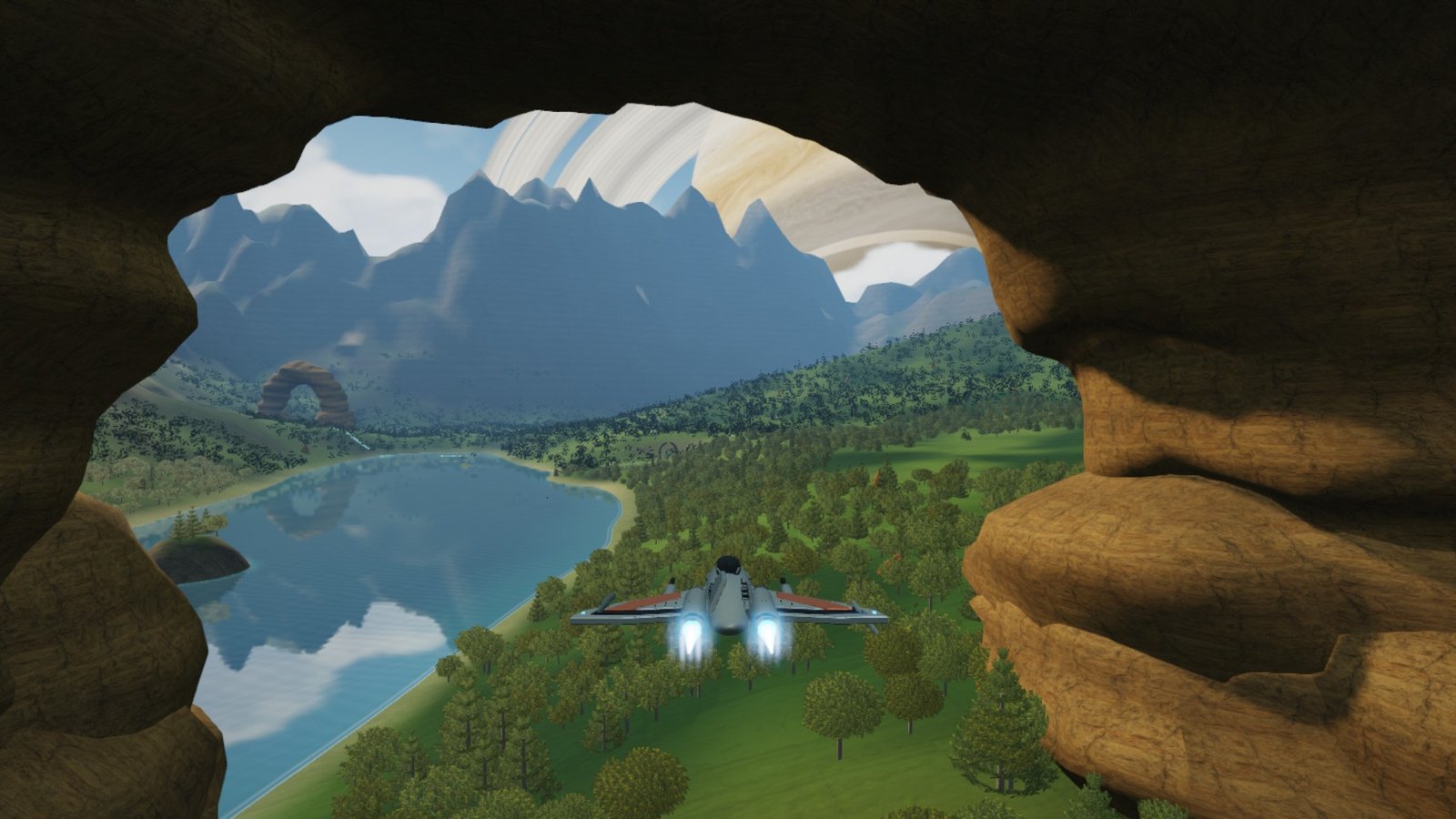 Flying the ship through a stone arch above a lake on Elysia