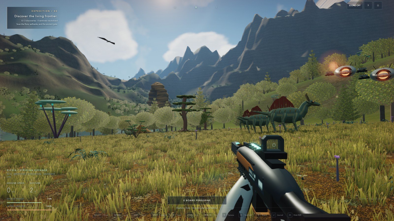 On foot on Elysia, firing on hostile sentinel drones over the grassland