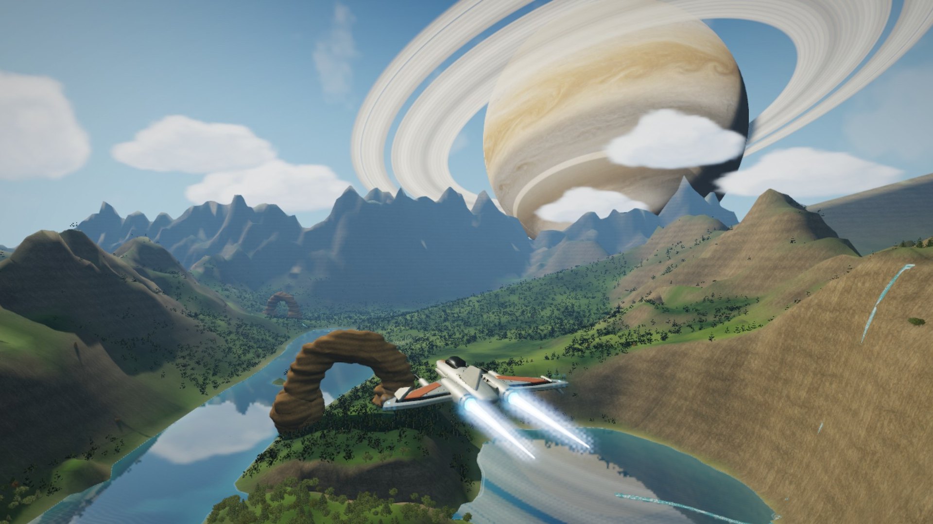 A white and orange spaceship banking over a green valley and a stone arch, beneath a huge ringed planet