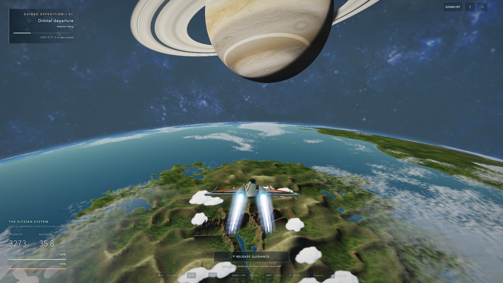 The guided descent over Elysia with the mission card and flight readout on screen