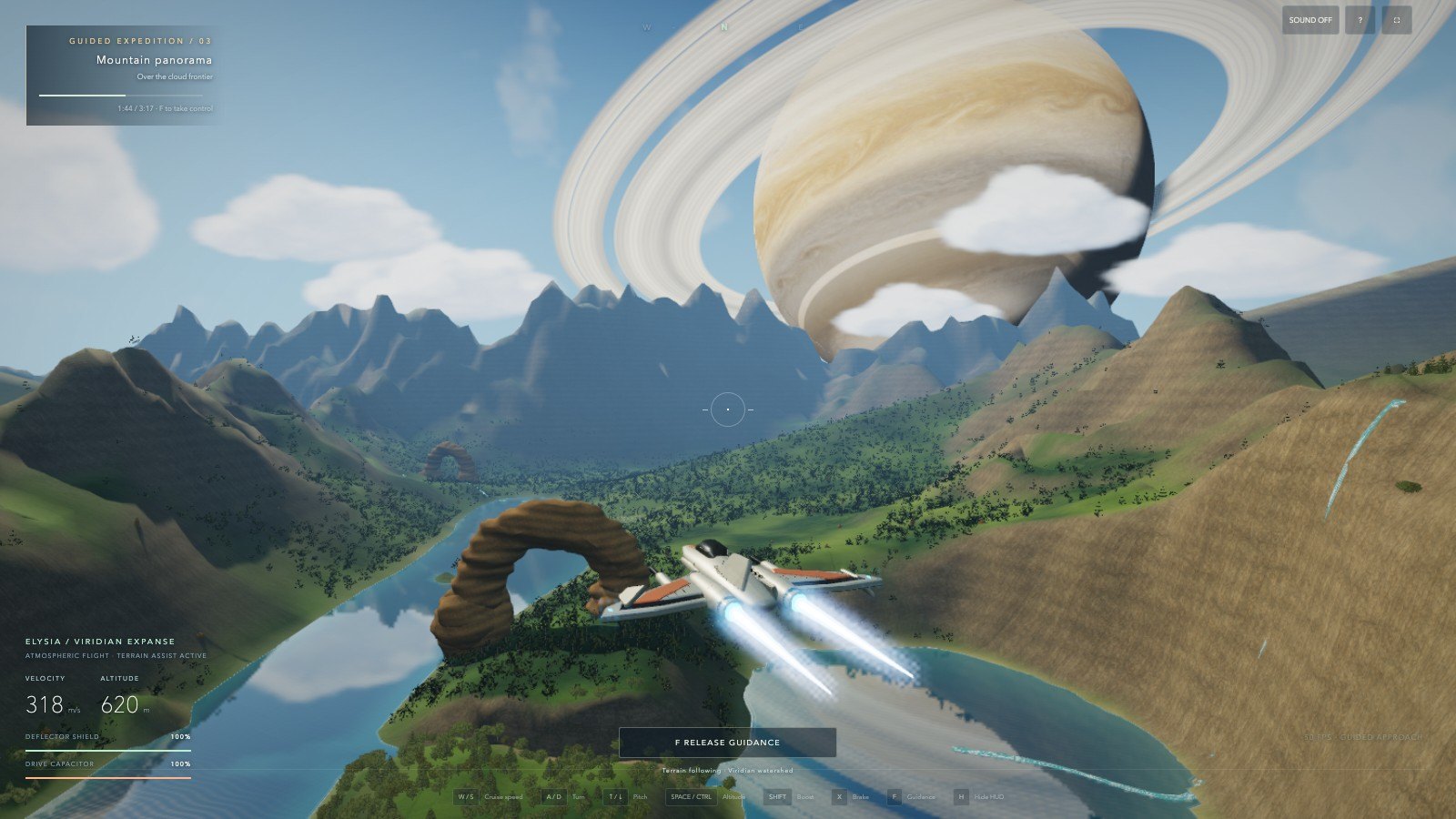 Flying over the mountains with the ringed giant overhead