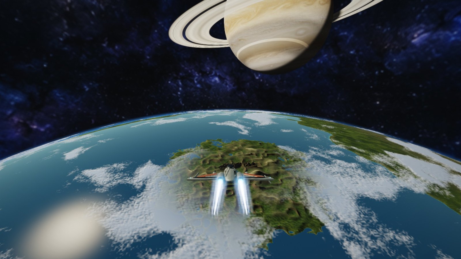 Actual gameplay: approaching Elysia from orbit, with a ringed giant in the sky
