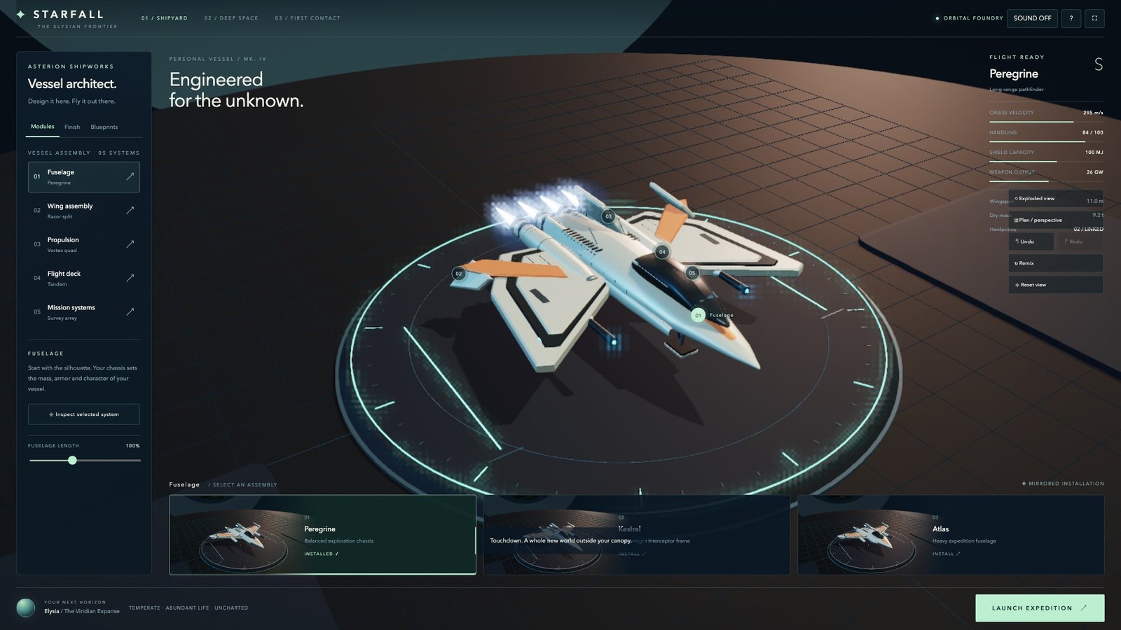The shipyard screen with the part list, ship stats and the launch button