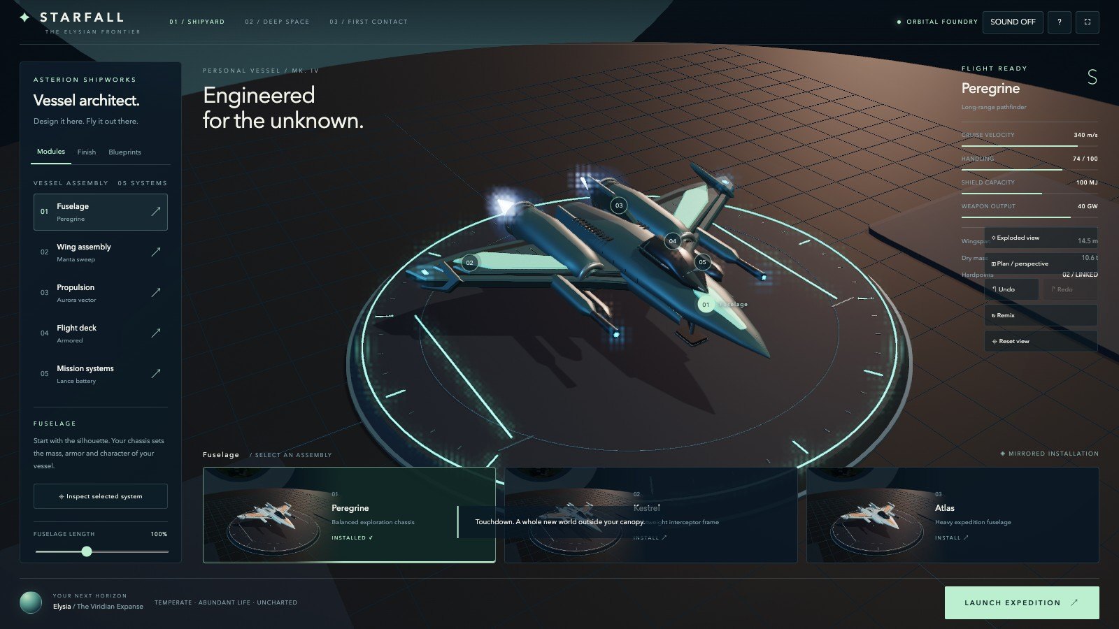 The shipyard with a modular ship on the build pad and its stats on screen