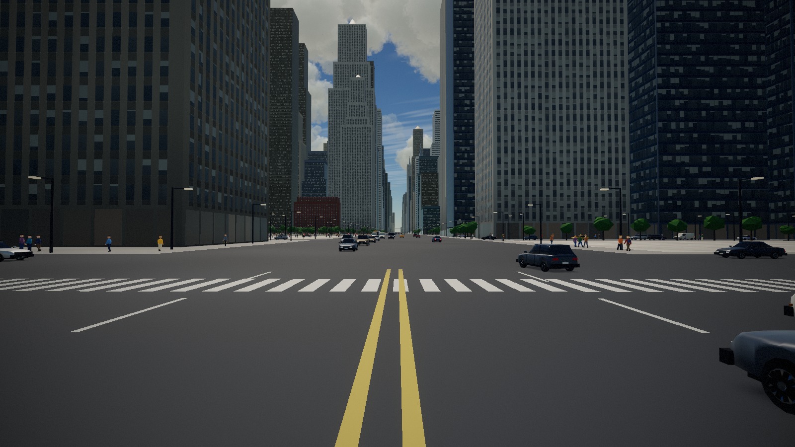 An avenue between the city towers